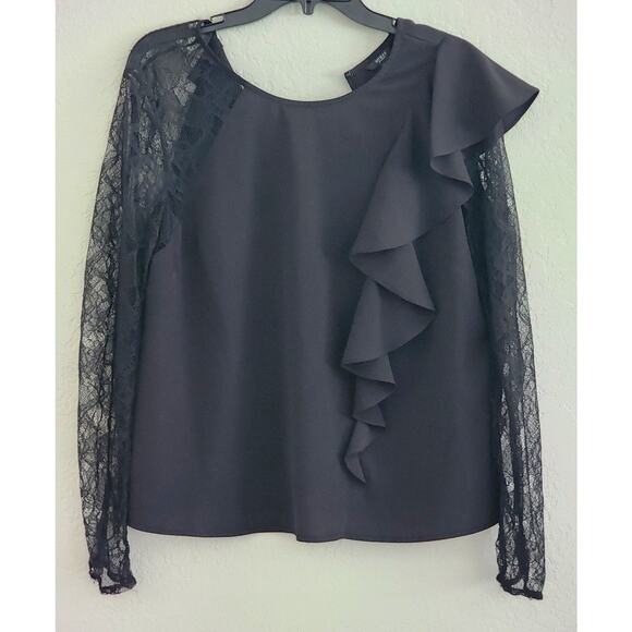 TOP/BLOUSE-GUESS-Black-Front Ruffle-Long Lace Sleeves-Pullover-Size LRG - Picture 1 of 13